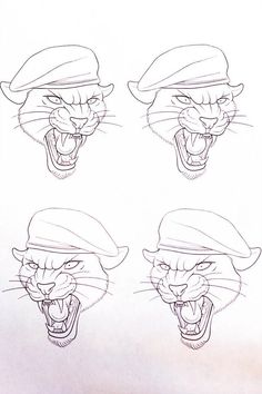 three drawings of cats wearing hats with their mouths open