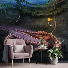 a living room scene with a couch and chair in front of a wall mural that looks like a dragon