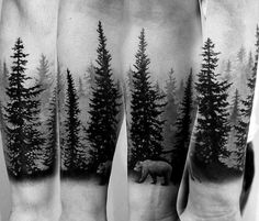 three men's legs with trees and a bear on them