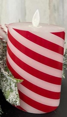 a red and white striped candle sitting on top of a table next to a plant