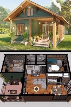 the floor plan for a small cabin is shown in two different views, one with an open