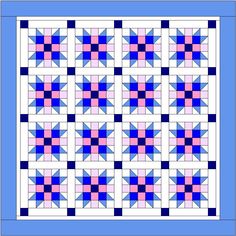 a blue and pink quilt with squares on the front, one block in the middle