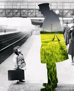 a collage of people standing in front of a train track and a person with a suitcase