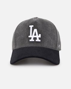 the los angeles dodgers baseball cap in grey and black with white embroidery on the front