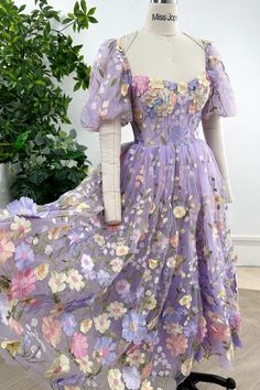 Lavender Corset Dress, Simple Birthday Dress Ideas, Lavender Fitted Organza Dress, Fitted Lavender Organza Dress, Purple Organza Dress With Floral Embroidery, Fitted Lavender Embroidered Dress, Lavender Fitted Puff Sleeve Dress, Lavender Fitted Dress With Puff Sleeves, Elegant Puff Sleeve Dresses With Floral Embroidery