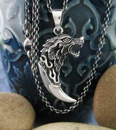 'Carved' Wolf Claw With Howling Wolf's Head Pendant | Woot & Hammy Realistic Sculpture, Spirit Animal Totem, Wolf Stuff, Angel Wing Pendant, Feather Ring, Green Earth, The Claw, Feather Pendant, Open Mouth