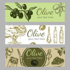 three banners with olives and other items on the bottom one is for olive oil