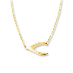 A sideways wishbone fashioned in 14K yellow gold suspends between cable chains in this stylish necklace for her. The necklace adjusts between 16 to 18 inches in length, and secures with a lobster clasp. Jewelry Education, Jewelry Advice, 14k Yellow Gold Necklace, Necklace For Her, Yellow Gold Necklace, Kay Jewelers, Stylish Necklace, Diamond Guide, White Gold Necklaces