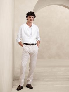 Castello Linen Banded-Collar Shirt | Banana Republic Men White Formal Outfit, Light Business Casual, Men’s Tea Party Outfit, White Outfits Male, Wedding Outfit Men Casual, Male Semi Formal Outfits, All White Party Outfits Mens, Tea Party Outfit Men, Semi Formal Attire For Men