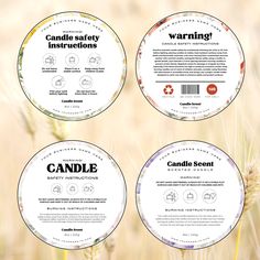 three circular labels with the words candle safety instructions and an image of wheat in the background