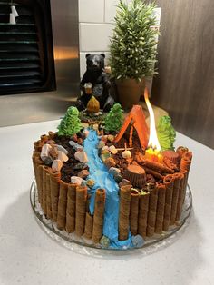 there is a cake made to look like a campfire and some rocks on the table