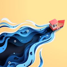 a red house floating on top of a blue wave