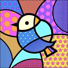 a colorful bird with stars and circles in the background