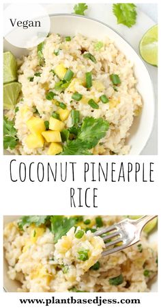 coconut pineapple rice in a white bowl with a fork