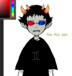 a drawing of a person with horns on their head and red eyes, wearing a black t - shirt