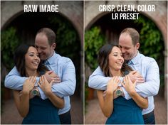 two pictures of a man and woman hugging each other with the caption raw image crisp clean color lr preset