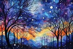 the night sky with stars and trees painted in acrylic paint