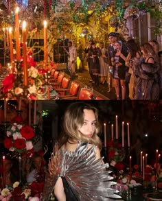 a collage of photos with candles, flowers and people in the background at a party