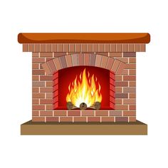 a brick fireplace with flames and logs on the mantle, flat style illustration isolated on white background