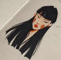 a drawing of a woman's face with long black hair and orange eyeshadow