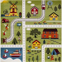 a child's play rug with houses, boats and cars on the road in green