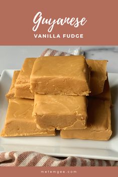 several pieces of fudge sitting on top of a white plate with text overlay