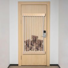 two teddy bears behind bars in front of a wooden door with a lock on it