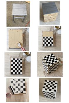 the steps to make a checkered coffee table out of plywood and wood pallets