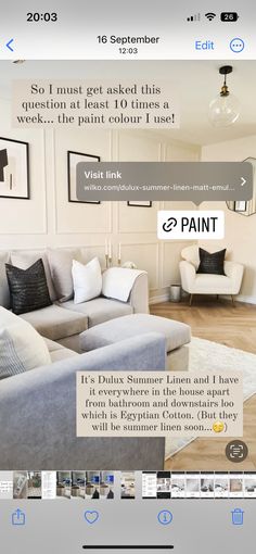 an image of a living room with furniture on the screen and text that reads paint