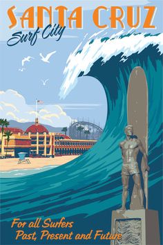 an advertisement for santa cruz surf club featuring a surfer and his board in front of a large wave