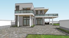 a 3d rendering of a modern house with glass balconies