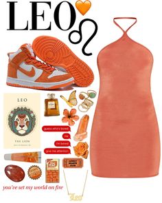 an orange dress and sneakers with the words leo on it