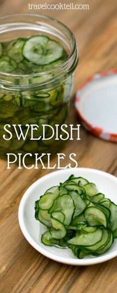 sliced cucumbers on a plate next to a jar of pickles with text overlay