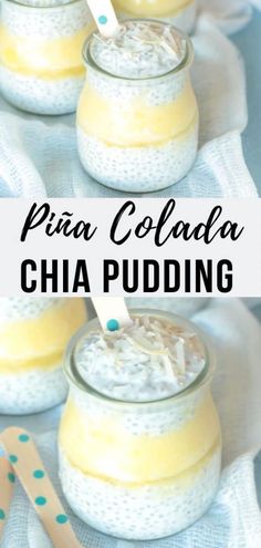 three small jars filled with chia pudding on top of a white cloth and wooden spoons