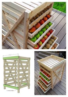 an image of a wooden stand with apples and other things in it on the deck