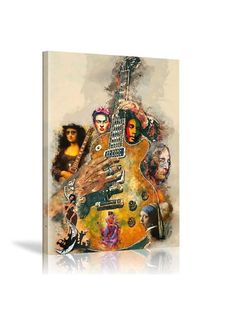 a guitar with many different pictures on the front and back of it's body