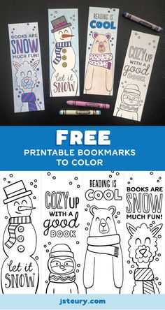 the free printable bookmarks for kids to color are shown in three different colors