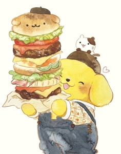 a watercolor drawing of a teddy bear holding a giant hamburger in his back pocket