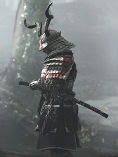 a samurai with horns and armor standing in the fog