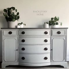 two potted plants sit on top of a gray dresser next to a white wall