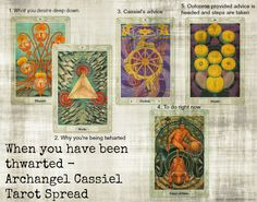 four different tarot cards with the caption when you have been thwarted - archangel cassiel tarot spread