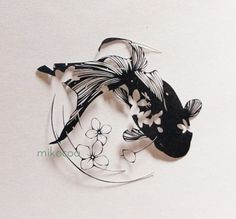 a black and white fish with flowers on it