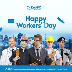 an advertisement for workers'day with men dressed in suits and construction hats holding tools