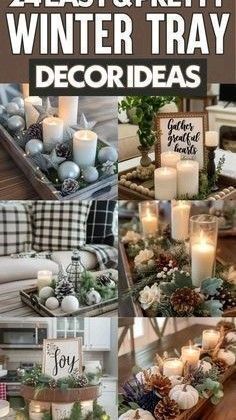 a collage of photos with candles and christmas decorations on them, including pine cones