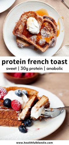 french toast with berries and whipped cream on top is shown in two different photos, one has