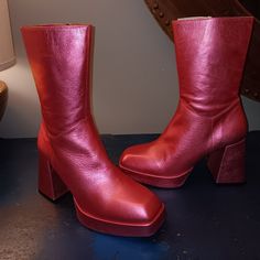 Hot Pink Metallic Leather Ankle Boots Party Boots With Stacked Heel And Almond Toe, Party Boots With Stacked Heel Medium Width, Spring Party Platform Boots Medium Width, Leather Ankle-high Platform Boots For Party, Retro Round Toe Party Boots, Ankle-high Leather Platform Boots For Party, Party Boots With Sculpted Heel And Round Toe, Retro Fall Party Heels, Party Ankle-high Platform Boots With Sculpted Heel