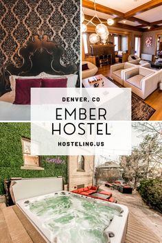 an indoor hot tub and living room with the words denver, co ember host