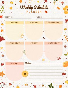 a printable weekly planner with autumn leaves and flowers on the side, in pink