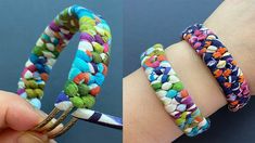 two different types of bracelets on someone's arm, one with multicolored beads