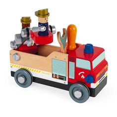 a wooden toy fire truck with two men in it's top and one on the back